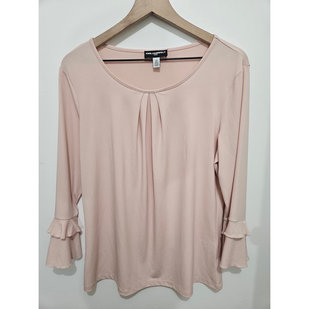 Karl Lagerfeld Paris Blush Pink Ruffle Cuff Pleated Scoop Neck Blouse Large